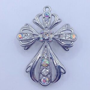 Silver Tone AB Rhinestone Cross Pendant Brooch